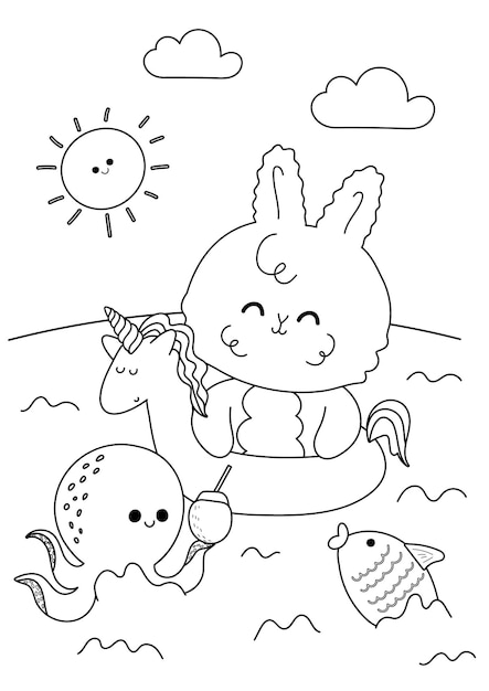 Dibujo para colorear de un lindo conejo kawaii nadando en el mar con un anillo de piscina de unicornio