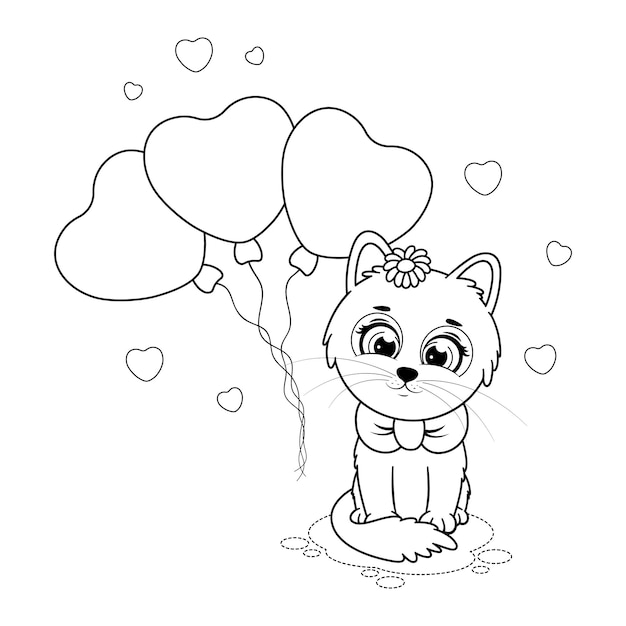 Dibujo para colorear Lindo gatito de dibujos animados con globos y corazones