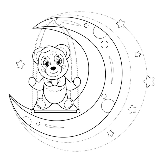 Dibujo para colorear Un lindo panda de dibujos animados y una luna