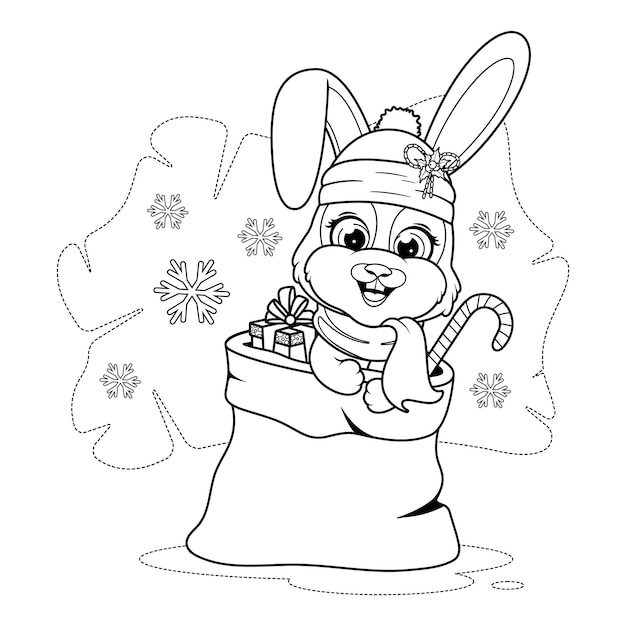 Dibujo para colorear Navidad y año nuevo con un lindo conejito de dibujos animados