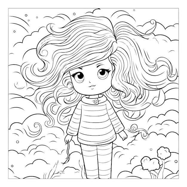 Vector dibujo para colorear de una niña linda con el cabello largo