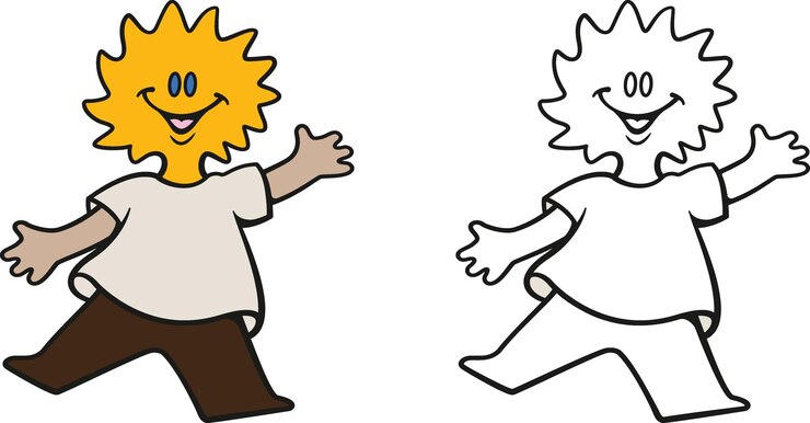 Dibujo para colorear de un niño de dibujos animados que salta con la cara del sol