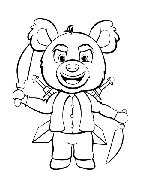 Dibujo para colorear Oso de peluche alegre de dibujos animados con 2 cuchillos y 2 espadas