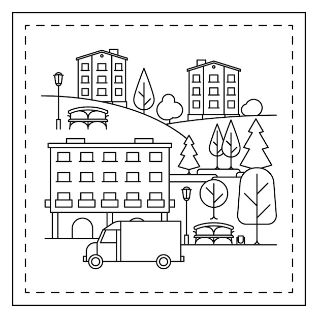 Dibujo para colorear con paisaje de la ciudad. | Vector Premium