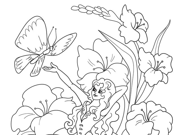 Dibujo para colorear pulgarcita sentada en una flor