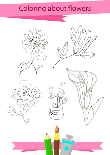 Vector dibujo para colorear sobre flores. libro educativo para colorear para niños.