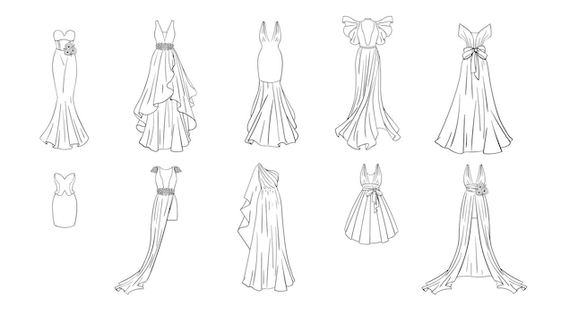 Vector dibujo para colorear vestidos modernos y clásicos