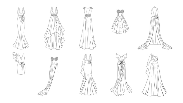 Vector dibujo para colorear vestidos modernos y clásicos