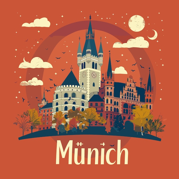 Un dibujo colorido de una ciudad con una torre del reloj y un castillo
