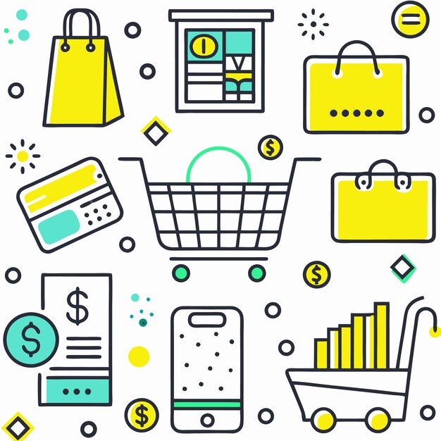 Un dibujo colorido de compras en línea.