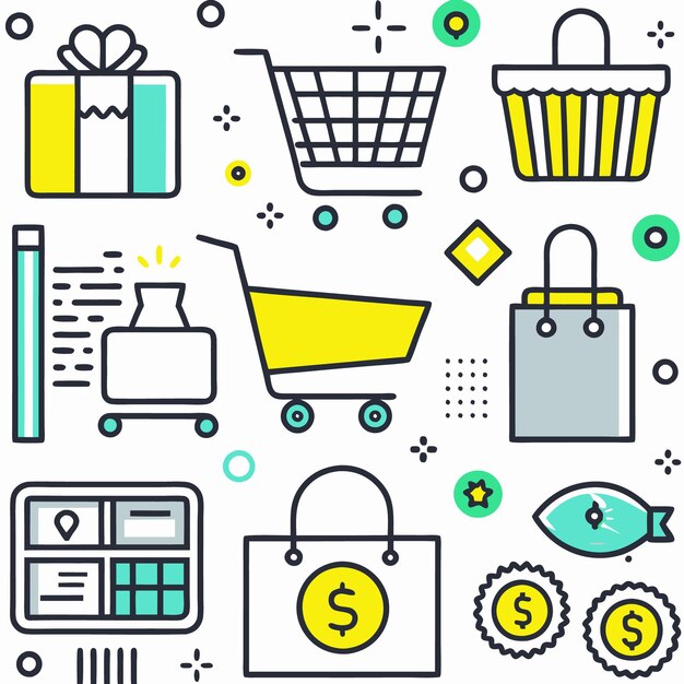 Un dibujo colorido de compras en línea.