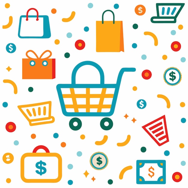 Un dibujo colorido de compras en línea.
