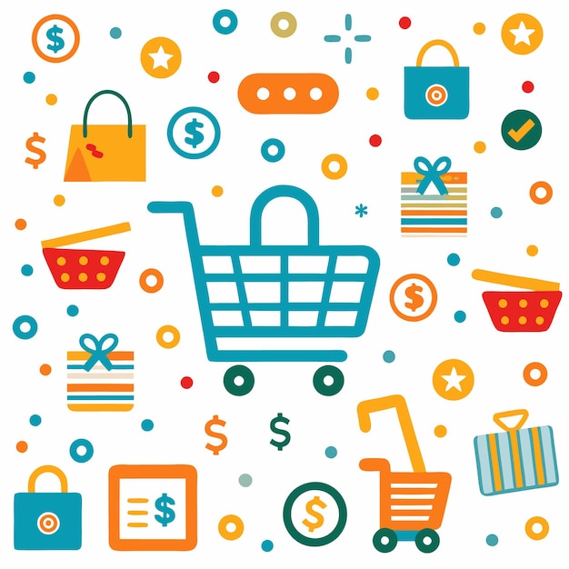 Un dibujo colorido de compras en línea.