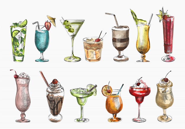 Vector dibujo colorido conjunto de cócteles. batido de fresa, batido de chocolate, cóctel verde en un vaso margarita, cóctel en una copa, cóctel rojo, batido de cacao, cóctel martini con aceitunas