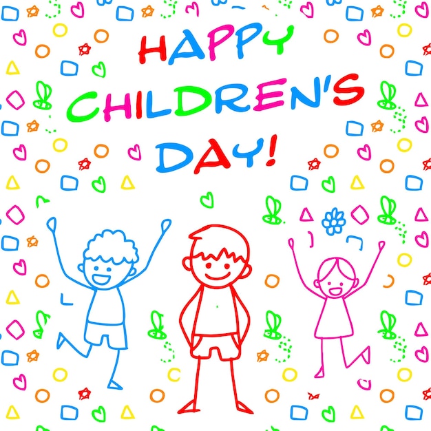 Dibujo colorido del día del niño escrito con rotuladores de colores.