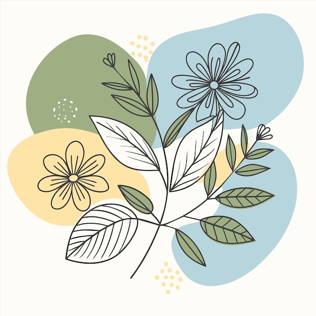 un dibujo colorido de flores y hojas con un fondo azul
