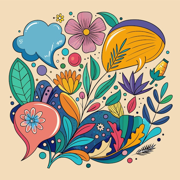 Vector un dibujo colorido de flores y hojas con la palabra 