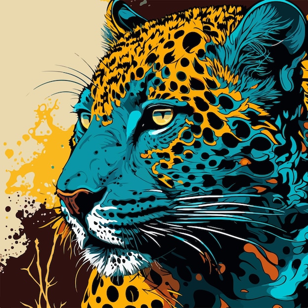 Un dibujo colorido de un leopardo con una cara amarilla y azul.