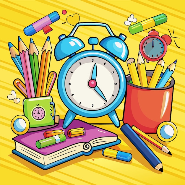 un dibujo colorido de un reloj y lápices