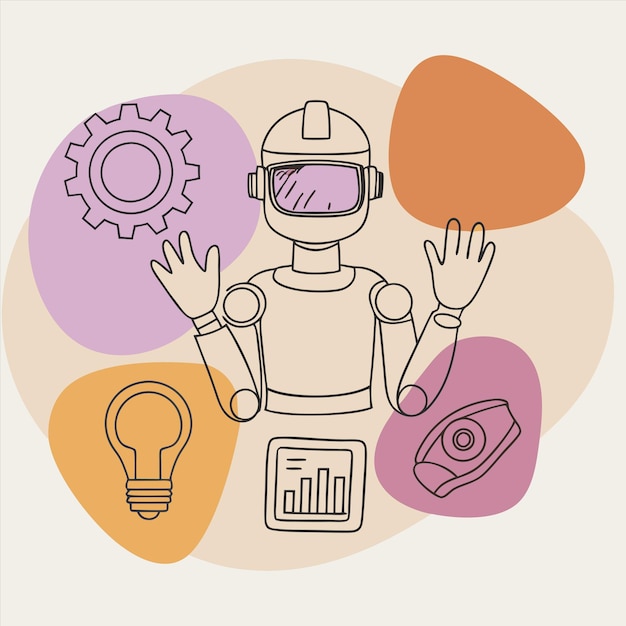 un dibujo colorido de un robot con una persona que lleva un casco y una bombilla