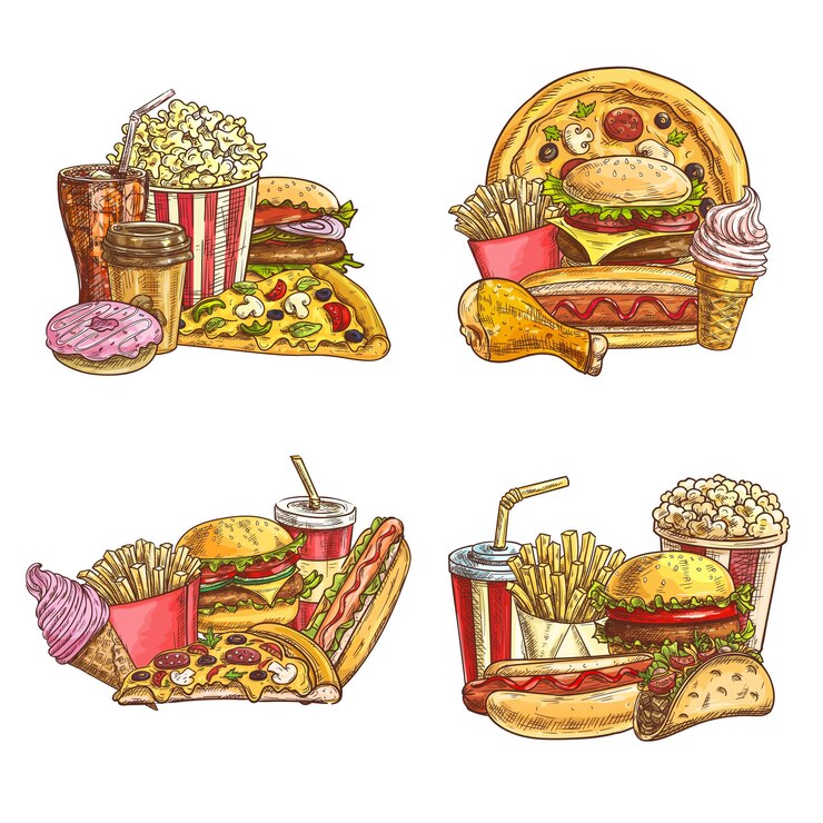 Vector dibujo de comida rápida para llevar conjunto de vectores