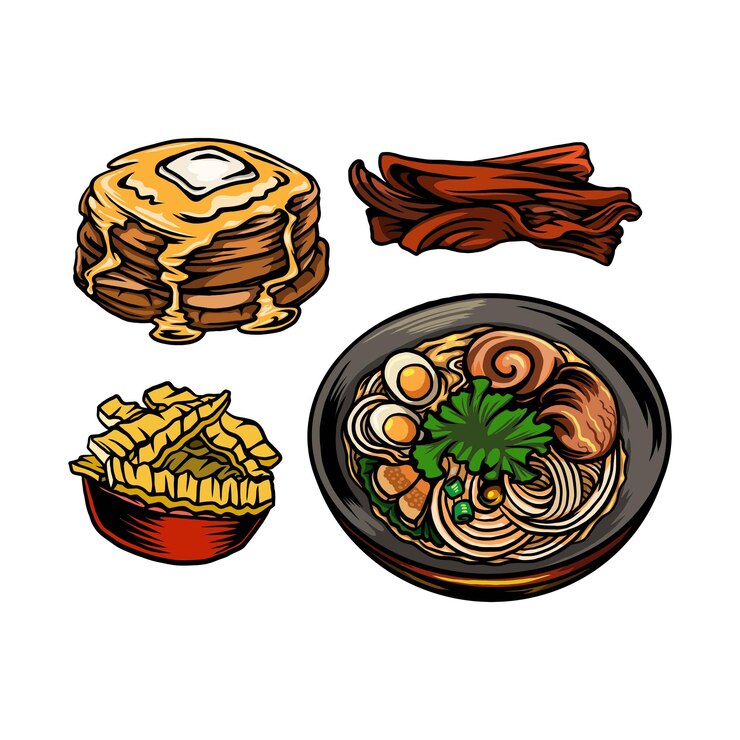 Vector un dibujo de una comida con un sándwich y un plato de fideos