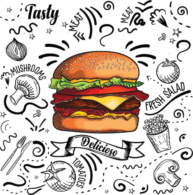 un dibujo de una composición de hamburguesa con la palabra sabor en él