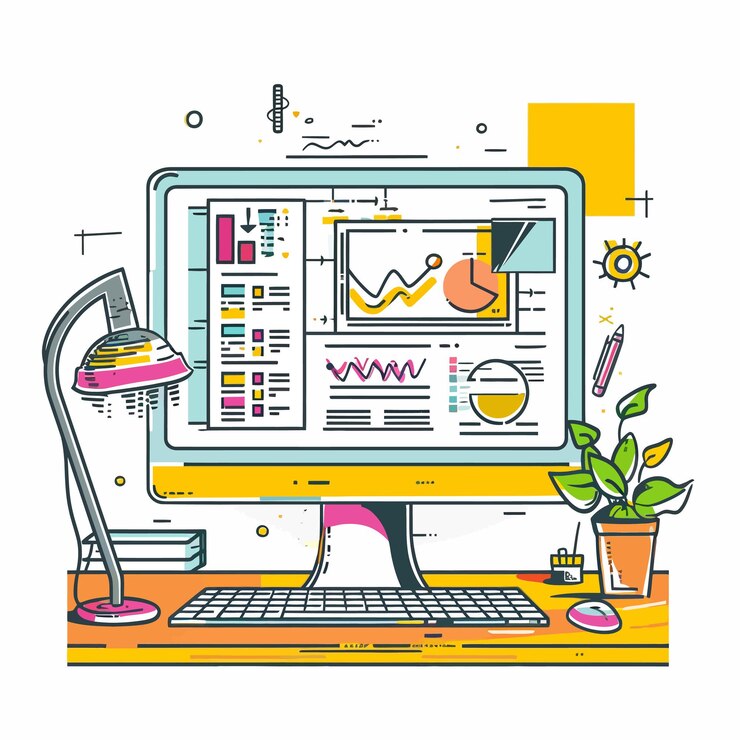 Vector un dibujo de una computadora con una imagen de una planta y una computadora portátil