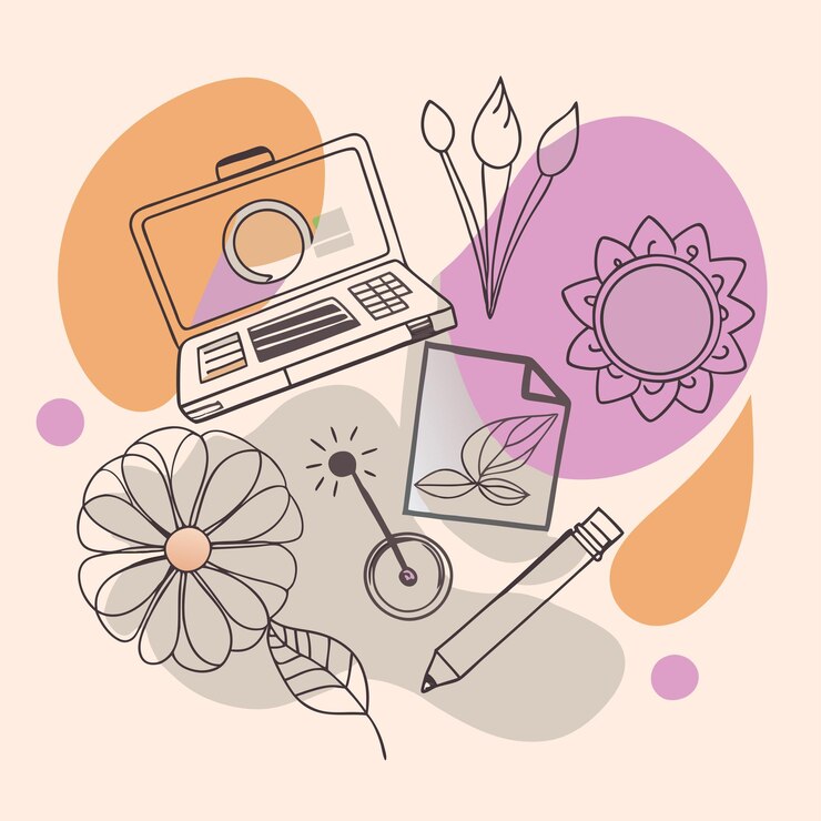 Vector un dibujo de una computadora portátil y flores con un lápiz y un bolígrafo
