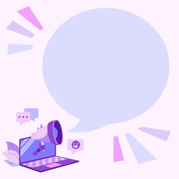 Dibujo de una computadora portátil que comparte comentarios felices y buenas reacciones en la nube de chat a través del megáfono. Dibujo de tableta distribuyendo una revisión maravillosa sobre un megáfono.