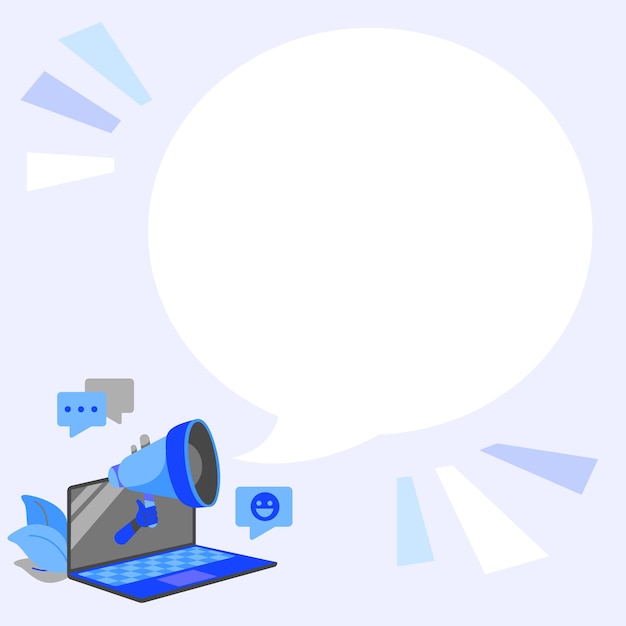 Dibujo de una computadora portátil que comparte comentarios felices y buenas reacciones en la nube de chat a través del megáfono. Dibujo de tableta distribuyendo una revisión maravillosa sobre un megáfono.