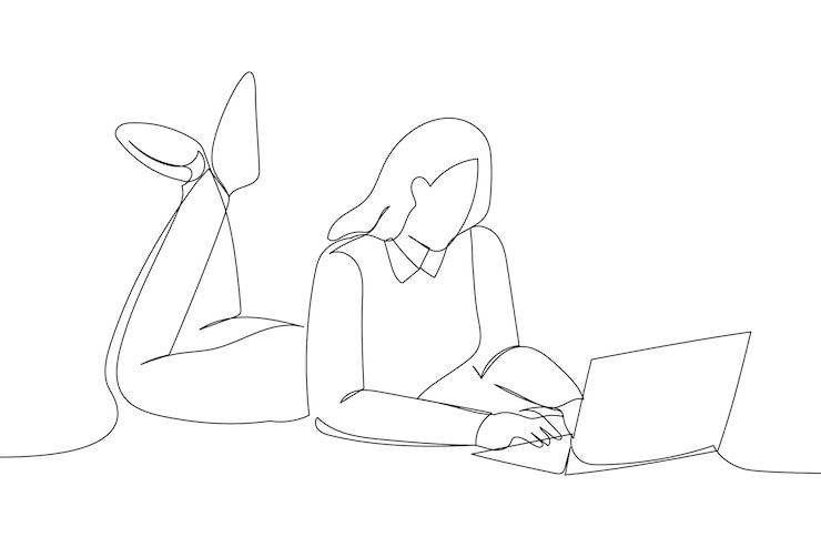 Vector el dibujo de una computadora portátil de trabajo en el piso de una mujer recibe una notificación de blog increíble arte de una sola línea