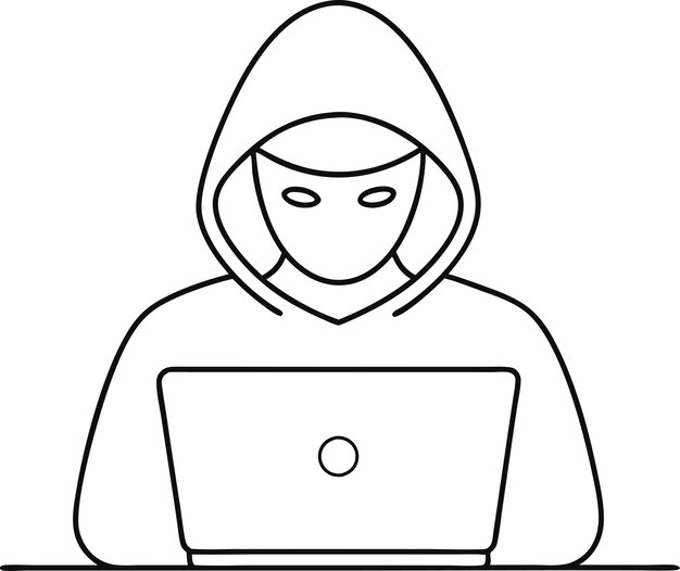 Dibujo por computadora de una sola línea del estereotipo de un hacker informático en una ilustración vectorial de arte de líneas