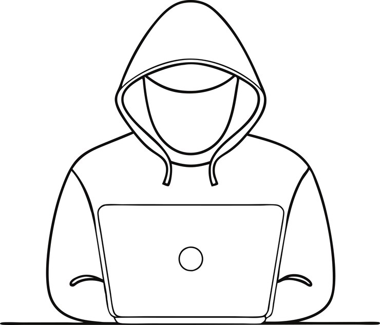 Vector dibujo por computadora de una sola línea del estereotipo de un hacker informático en una ilustración vectorial de arte de líneas