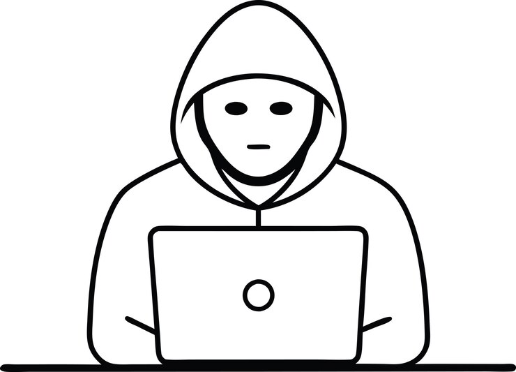 Vector dibujo por computadora de una sola línea del estereotipo de un hacker informático en una ilustración vectorial de arte de líneas