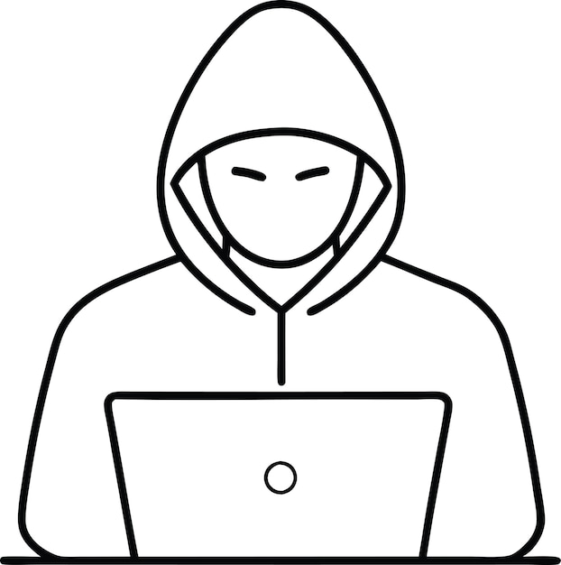 Dibujo por computadora de una sola línea del estereotipo de un hacker informático en una ilustración vectorial de arte de líneas