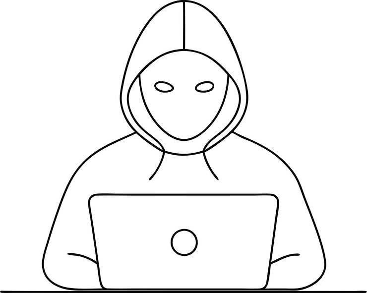 Vector dibujo por computadora de una sola línea del estereotipo de un hacker informático en una ilustración vectorial de arte de líneas