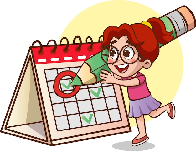 Vector dibujo de concepto de tiempo con objetos planos chico lindo marca los días del calendario