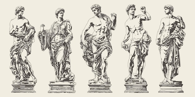 Dibujo conceptual de las estatuas griegas en varias posiciones escultura de dibujo de líneas artísticas