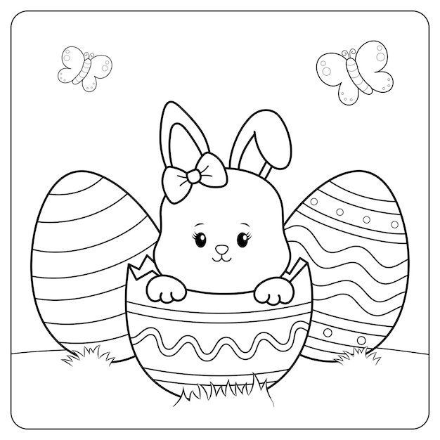 Vector dibujo de conejito y huevos de pascua para colorear