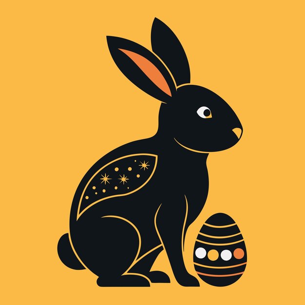 un dibujo de un conejo con un fondo amarillo con un conejo negro en él