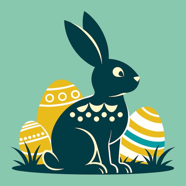 un dibujo de un conejo con huevos de Pascua en la hierba