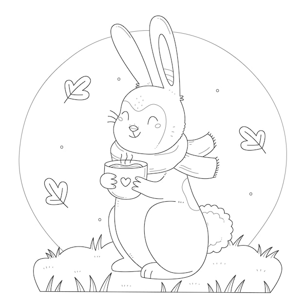 Dibujo de conejo lindo con una taza de cacao para colorear libro de colorear de ilustración de conejito disfruta de una bebida caliente
