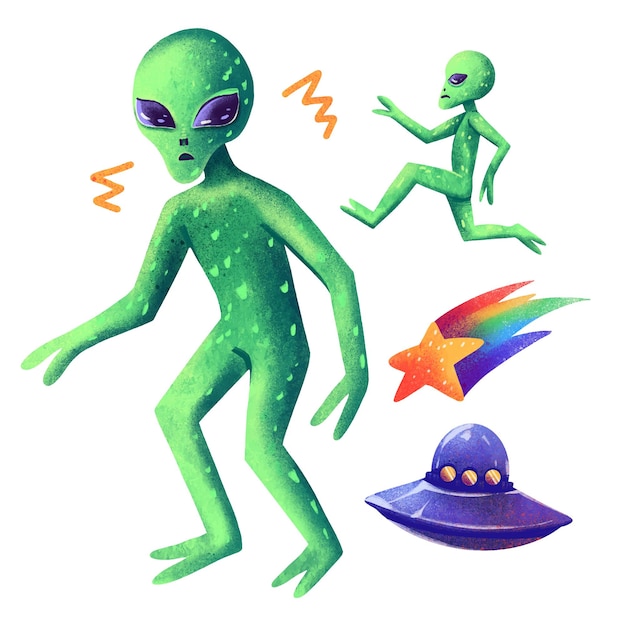 Dibujo conjunto digital de imágenes extraterrestre ovni hombre verde estrella cayendo arco iris platillo volador espacio extraterrestre día