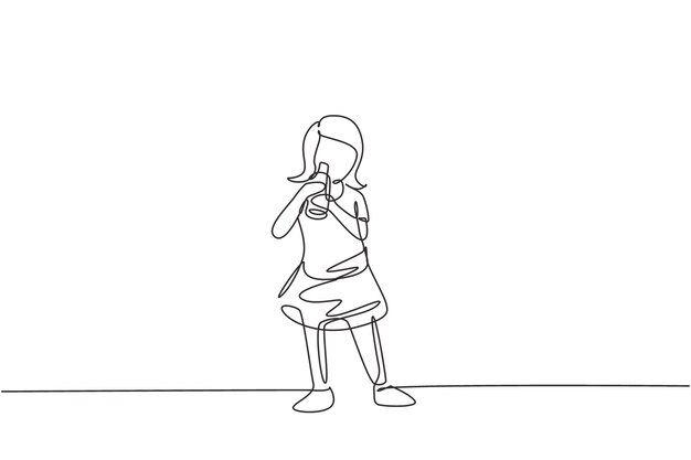 Un dibujo continuo de una chica de pie mientras bebe leche en un gráfico vectorial de diseño de botella