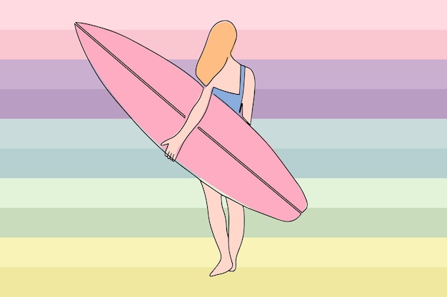 Dibujo continuo de una chica surfista con una tabla de surf Dibujo de una sola línea de una chica surfista