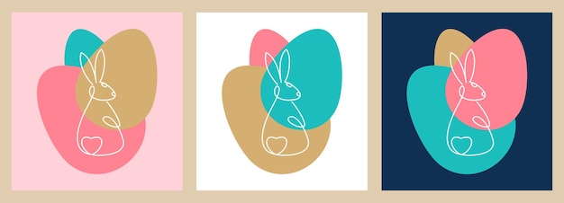 Un dibujo continuo de un conejo sobre un fondo de coloridos huevos de Pascua