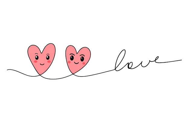 Dibujo continuo de dos corazones y la inscripción amor Una pareja de corazones Ilustración minimalista de moda Dibujo abstracto de una sola línea