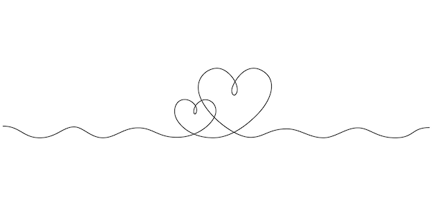 Un dibujo continuo de dos corazones y signos de amor. Trazo fino y símbolos románticos en estilo lineal simple. Ilustración de vector de garabato minimalista.