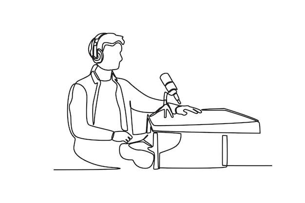Un dibujo continuo de un hombre escucha a la otra persona mientras graba un podcast